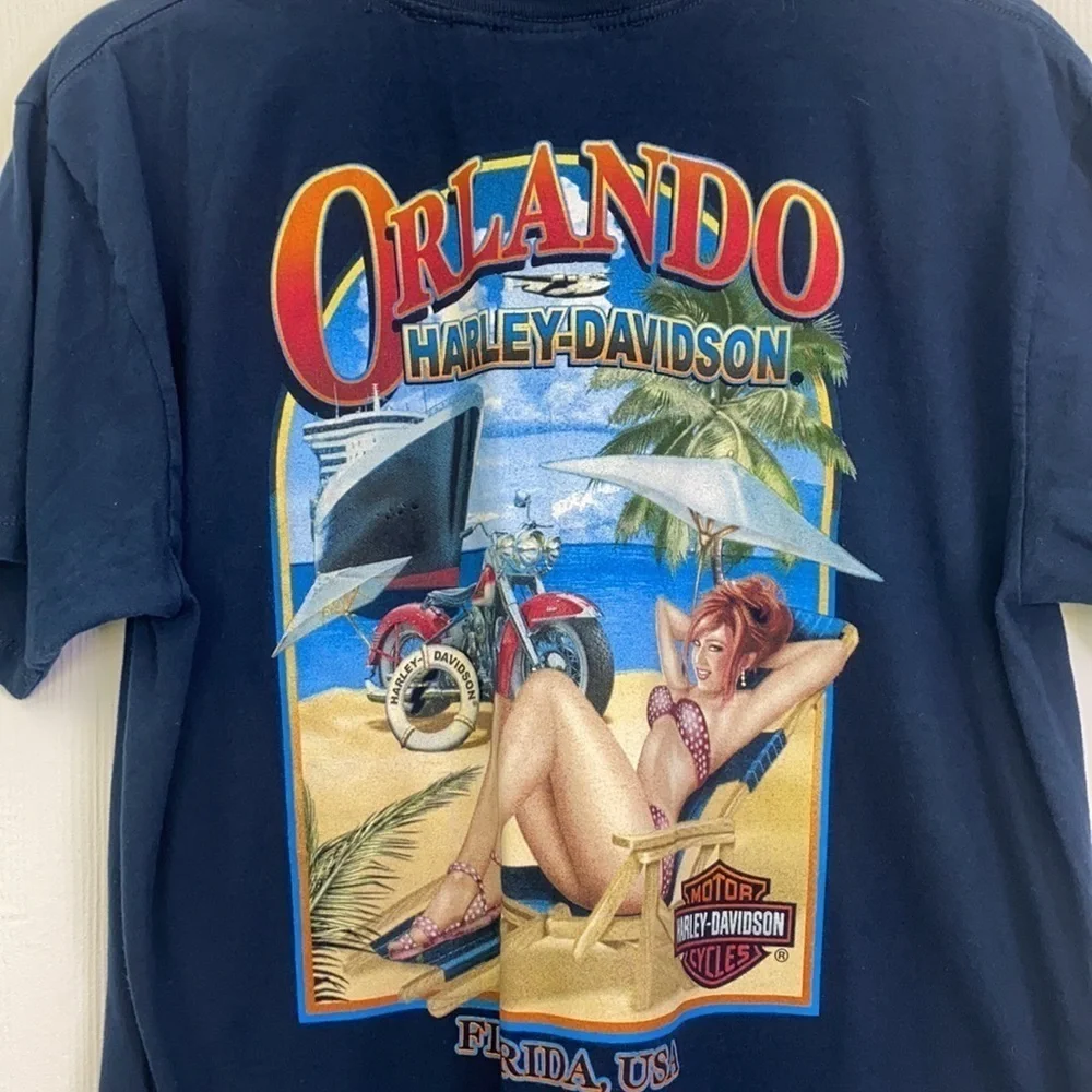 Harley Davidson - Navy Orlando Harley Davidson With Woman in Bikini Shirt Size L